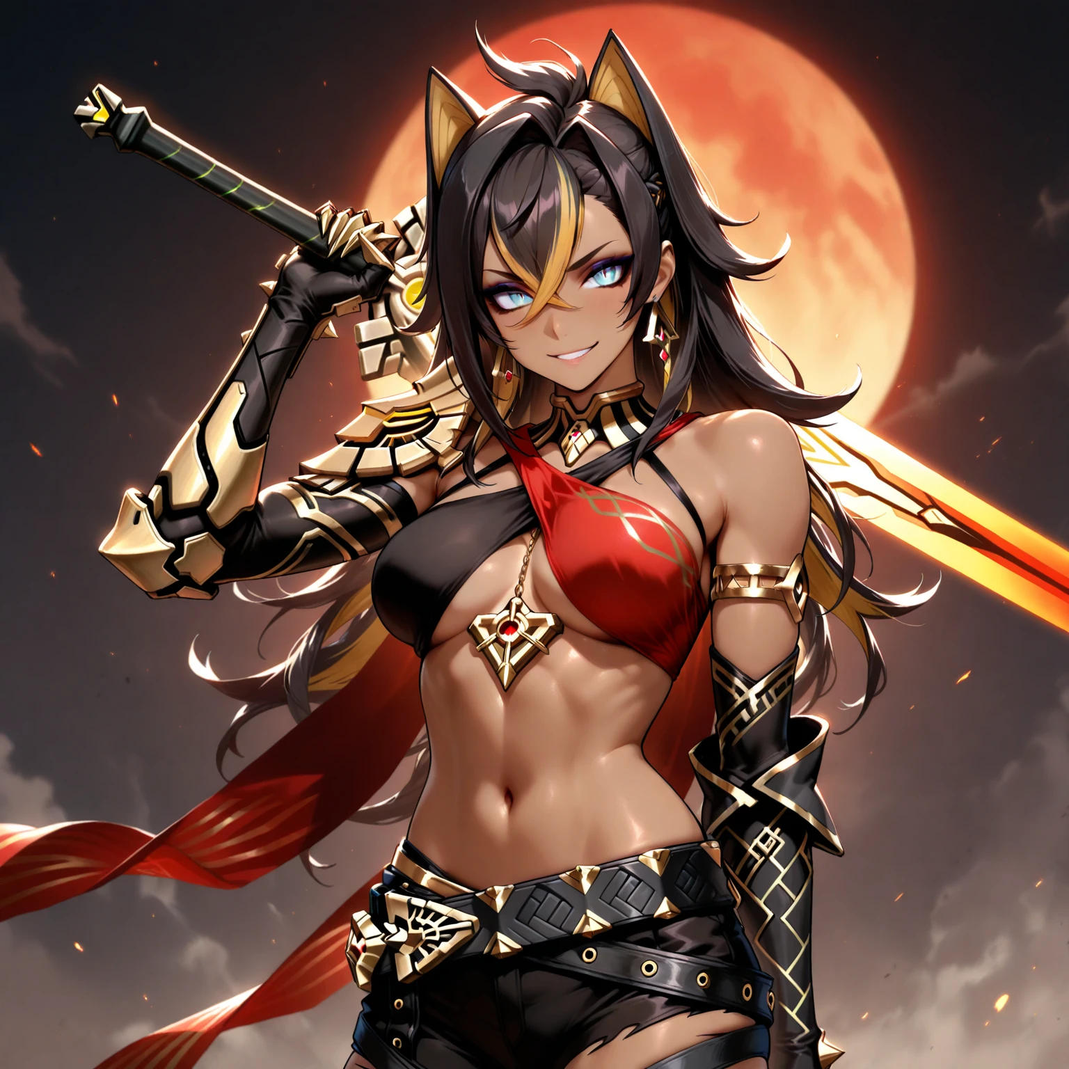 (masterpiece:1.2, best quality:1.2, beautiful, high quality, highres:1.1), detailed, extremely detailed 4K, perfect eyes, perfect face, perfect lighting, <lora:tool_addDetail:0.25>,(1girl, solo, adult female, mature female), <lora:detailed_eyes:0.7>,
<lora:concept_hellhound_(hhmge--monster girl--black sclera--slit pupils--animal hands--dark skin--gray skin--wolf paws):1.0>, hhmge, black sclera, slit pupils, (wolf paws, animal hands), claws, animal hands, gray skin, furred arms, fluffy fur, furry arms, dark skin, abs, muscular, grin, fangs, huge breasts,
magical girl, <lora:concept_costume_showgirlSkirt:0.8>, showgirl skirt, cameltoe, highleg leotard,