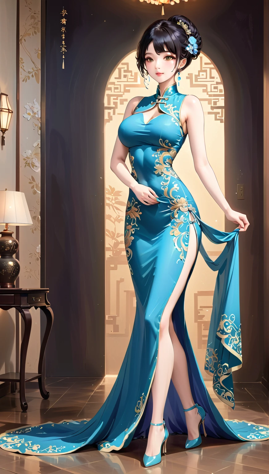 Cocktail_Dress, Masterpiece, high quality, 4K, beautiful design, shiny, from the front, award winning photo, extremely detailed, amazing, fine detail, absurdres, highly detailed Asian woman, extremely detailed eyes and face, by lee jeffries nikon d850 film stock photograph 4 kodak portra 400 camera f1.6 lens rich colors hyper realistic lifelike texture dramatic lighting unrealengine trending on artstation cinestill 800 tungsten, 1girl, solo, expressive look, (smiling seductively,puffy lips, very detailed face [Asa Akira|Kyari Pamyu Pamyu]:1.155) HDR, highest quality, sexy dress, sharp focus, looking at viewer, facing viewer, 4k,Asian eyes beautifully detailed,a woman in a green dress standing in a doorway, dress covered in red flower petals, golden embroidery, wearing a Cocktail_Dressfull body picture,