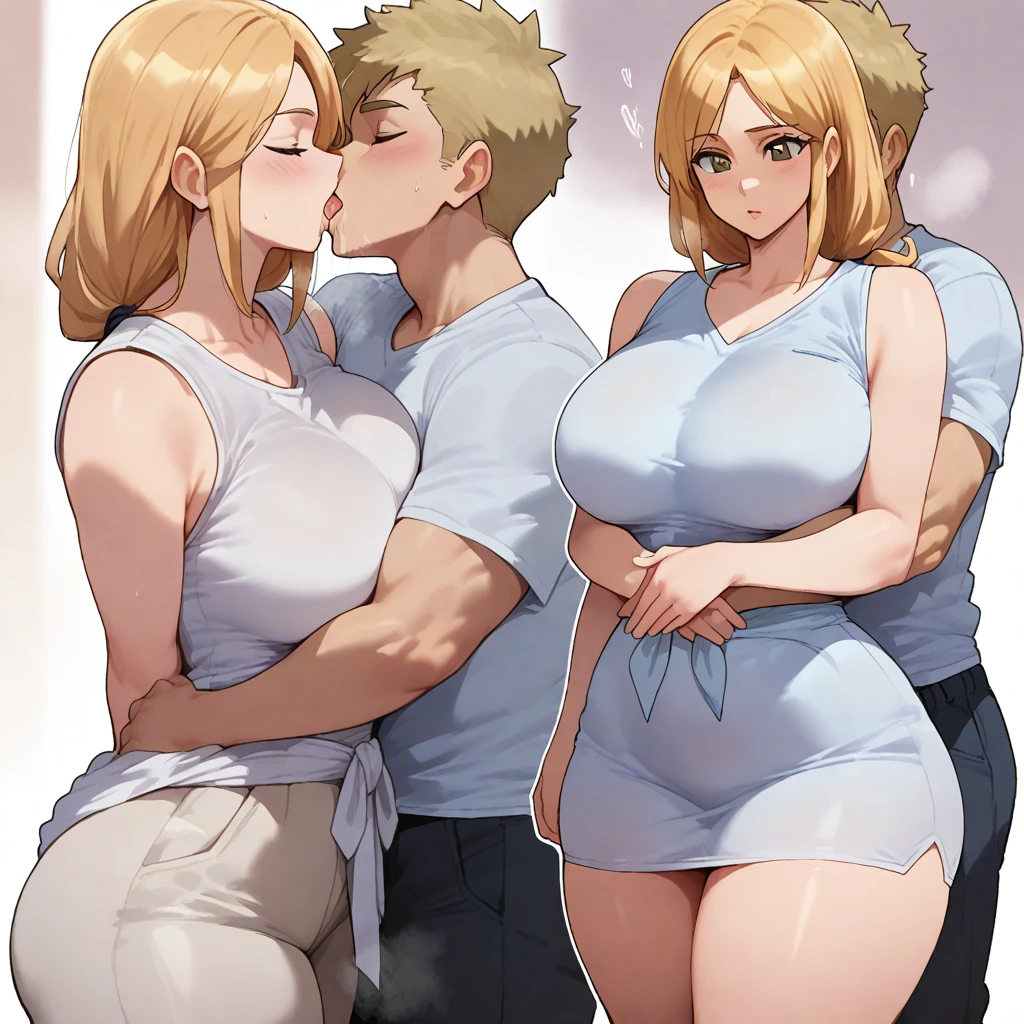 Japanese milf with big breast, saggy breast, wide hips, bite marks on breast, mommy catherine, wearing tank black top and leopard print tight legging, surrounded by 2 cocks of school boys, smaller than woman, smiling at boys seductively, blush, white woman, pink big lips standing between 2 boys,