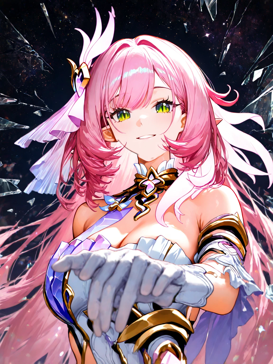 (Perfect Anatomy)、Mastepiece、Ultra High Quality、 8K、masterpiece、Highest quality、Ultra-high resolution、Maximum resolution、Very detailed、Professional Lighting、anime、woman、thin、so beautiful、Highly detailed eye、Highly detailed face、Golden earrings、Pink Hair,、Pink eyes, upper arm pink armor, white leotard, pink pattern, whole body, magical girl, Angel Girl, fighting pose, (((shoot magic from your hands))), sweat, cross arms over head, magic attack, (fight multiple golem1.3), angry, From the side