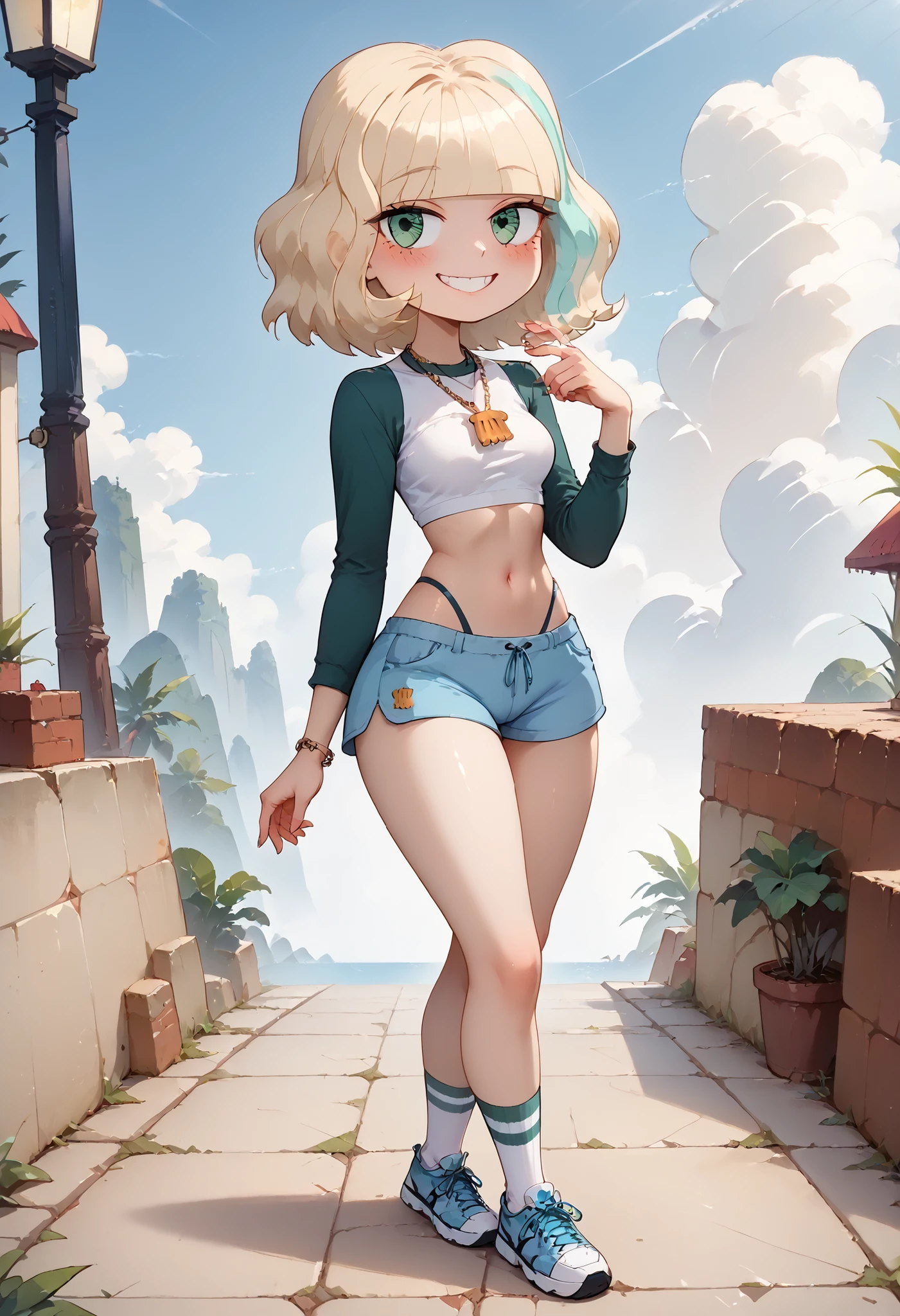 (((Best Quality, 8K, Masterpiece: 1.3)), Full Body, Focus Clear: 1.2, Outstanding Beauty: 1.4, Slender Abs: 1.2)), ((dynamic angle)), (((wide view))), wide-angle lens, extremely detailed, CG, 8k Amazing, finely detail)), (intricate details, depth of field), 8k UHD, ((amazing quality,very aesthetic,absurdres,best quality,newest, masterpiece, ultra detailed, best quality, beautiful face, perfect , anatomically correct, athletic  body)), Expressiveh, (cute face, cute body))), ((((((jackiel, blonde hair, 1girl, green eyes, solo, multicolored hair, short hair, shirt, shell necklace, bangs, long sleeves, blue shorts, tight shorts, highleg , smile, socks,sneakers))))),((medium , slim  body, curvy ,  pose, ,  face, blush)))), (((looking at viewer, happy smile, joy, cowboy shot, dynamic pose)))), curvy, toned, athletic, ((sideview:1.3, wide , upper shot body, crossed legs:1.2, looking at viewer)), (((( pose,  pose, cowboy pose, hourglass figure)))), ((precise face and eyes:1)),
