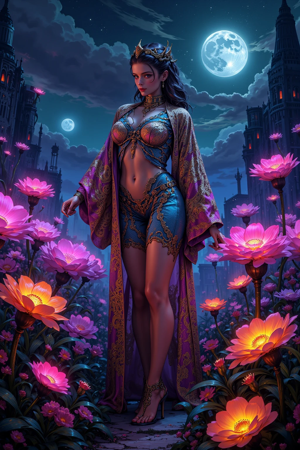 (1girl),an intricate image of a [balinese woman in kebaya with flowing songket cloth], [blue] foliage with [pink and violet] flowery vines background. work of beauty and complexity. ultra detailed features. fantasy style. glowing fractal glass elements. dynamic pose. amber glow. flowercore. At night