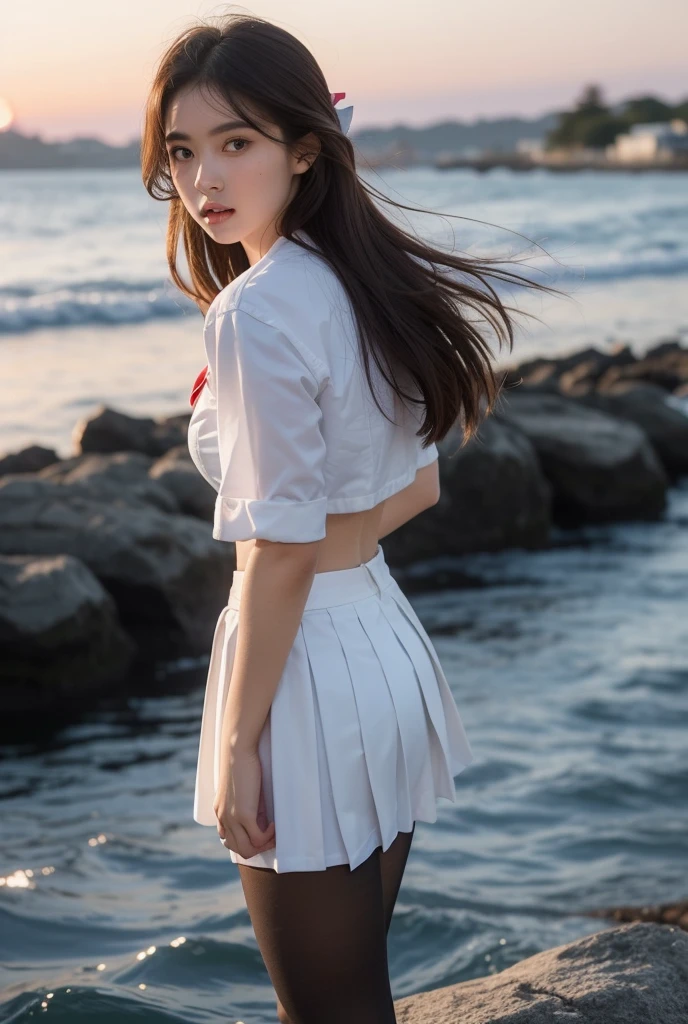 Ultra-high resolution,(reality: 1.4),Highest quality, masterpiece, Attention to detail, 16K quality, beautiful, 1 beautiful girl,super beautiful face,Baby Face,idol face,Cute Face,Highly detailed face,Detailed hands,beautiful skin,Rui々Fresh skin,Professional Lighting,short hair, Black Hair,brown beautiful eyes, White shirt,Red bow tie,Red pleated skirt,Are standing,The wind flips up my skirt,(((Showing panties))),((White panties)),beautiful胸,Walking along the seaside,Browsing Caution,From below,Blur the background