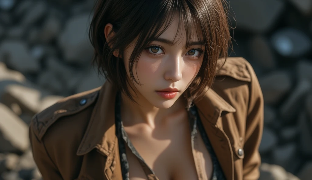 8K,((masterpiece)), ((best quality)), (ultra-detailed), High detail, professional photograph, highest quality, floating hair, beautiful detailed, (((realistic))), hyper realistic character,natural lighting ,beautiful detailed eyes,1girl, solo,blunt bangs, realistic, ((Beautiful young woman in spiffy leather suit)), young face, big breasts, cleavage, moonlight, short bob, European teen
