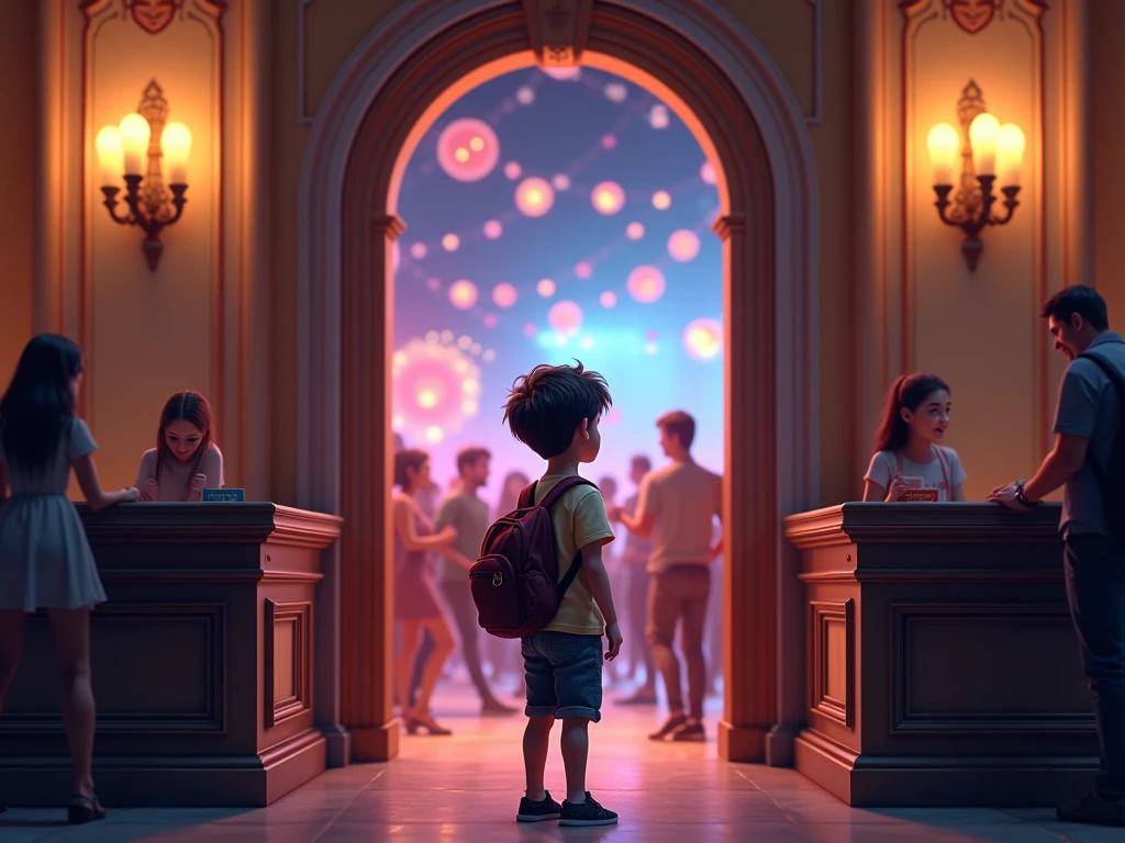 Boy waiting outside a movie theater at night