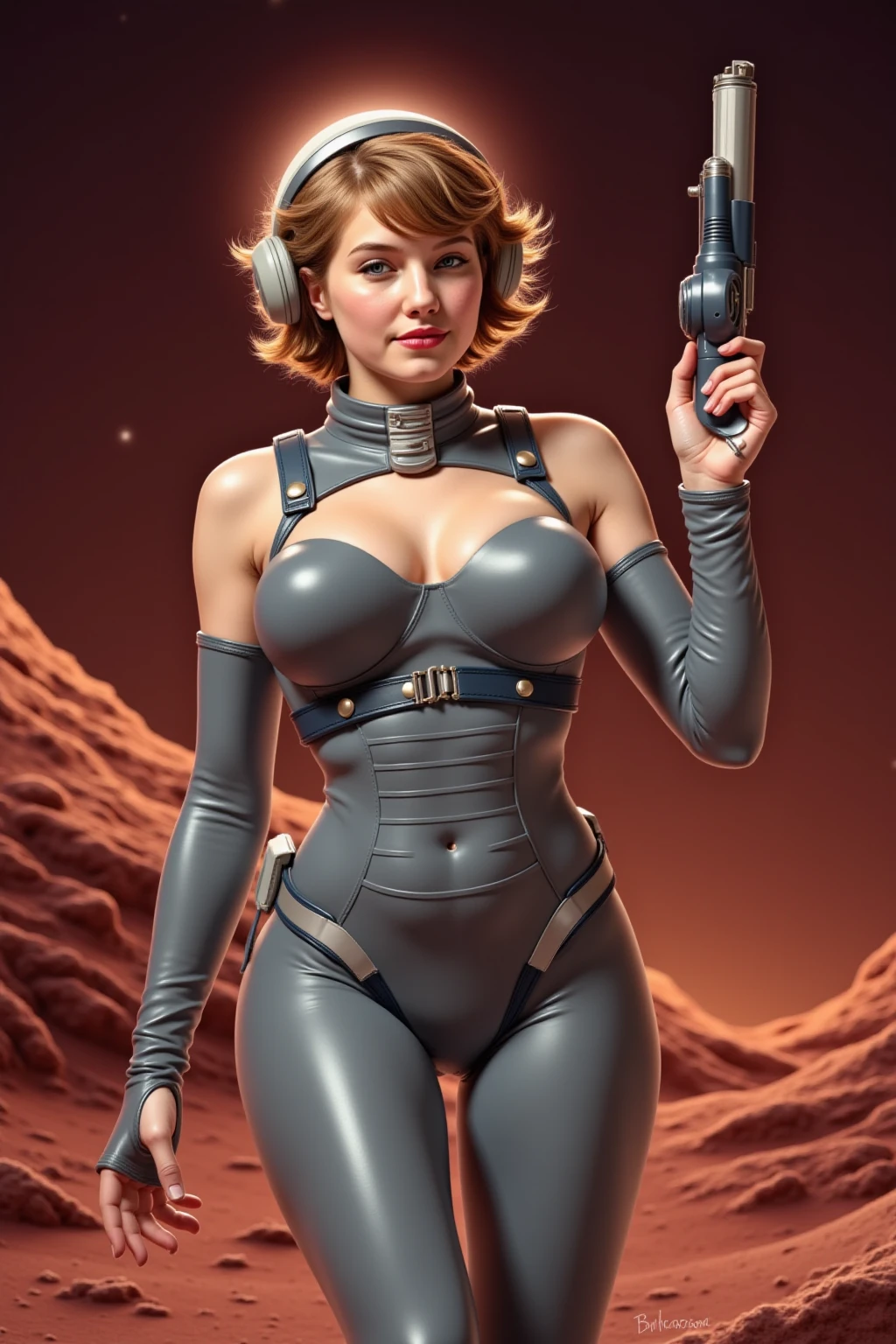 1950's space girl proportional eyes, (realistic:1.5),photorealistic, hyper realistic, (extremely detailed eyes), hyper detailed, soft lighting, (detailed background), extreme detail background, sharp details, ((full body)), female