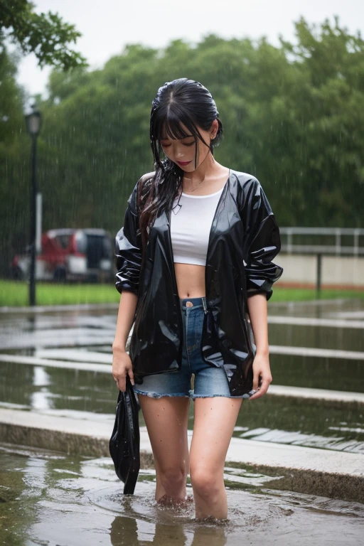 (8k, Top quality, Masterpiece:1.2), (Realistic, photo-realistic:1.37), Super detailed, perfect anatomy, cute, small eyes, 1, a Japanese, girl, have heavy rain, wet hair, wet clothes, sweat body, short sleeve, soaking wet, storm, slim legs,
