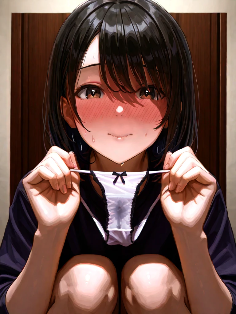 (underwearshowcase) brunette goth girl holding her panties (blush face) (smiling) (sweaty) <lora:UNDERWEARSHOWCASE:1>