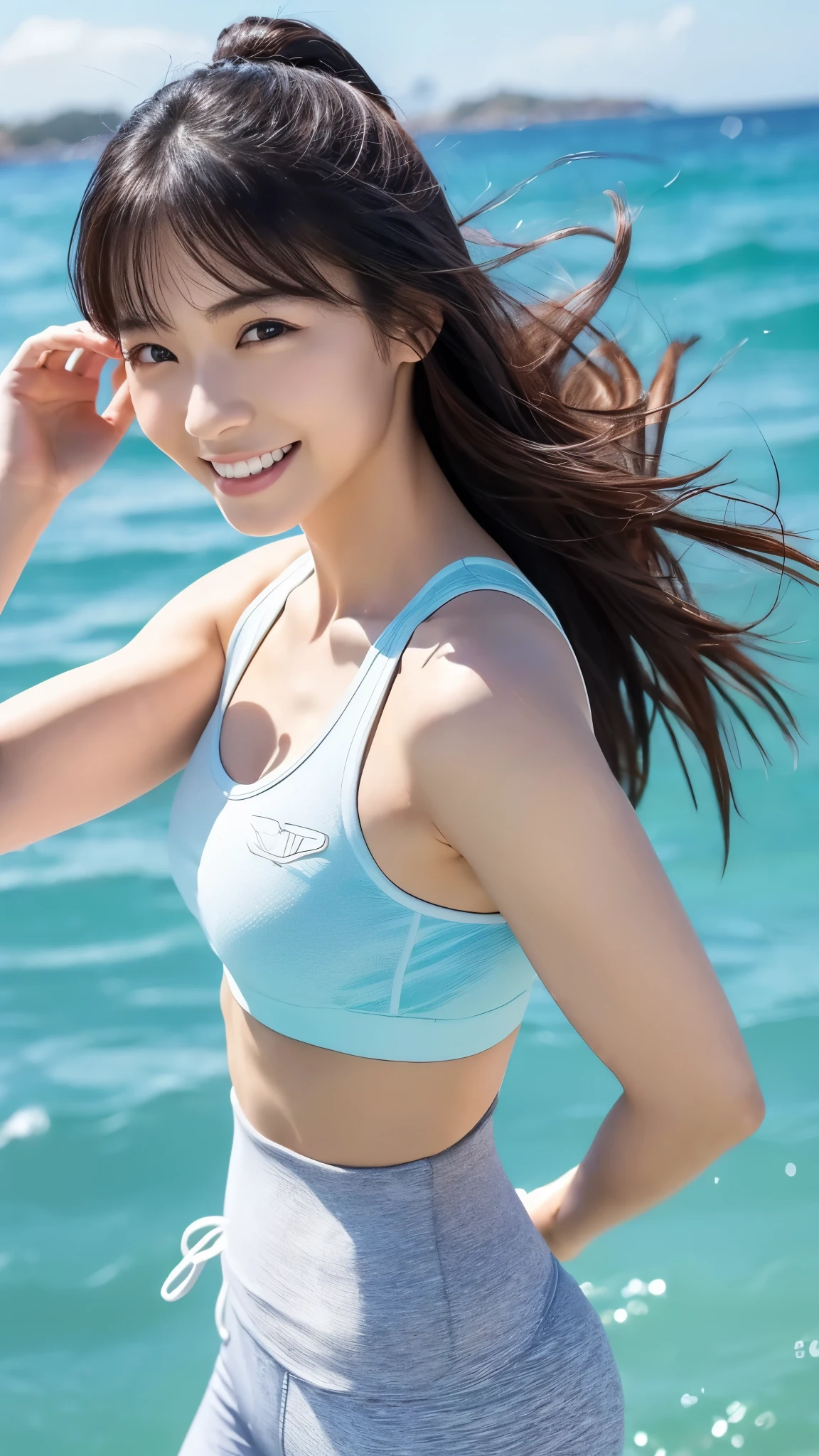 8K,masterpiece,Japanese,,from the front,smile,cute,Kind eyes,Childish, ((Sportswear)), Play sports often, tight white crop top, (maikurobiki:1.2,Light blue racing shorts,Bloomers, Shorts, Thighs),semi-long,Hair blowing in the wind,Black Hair,Somewhat strong wind,noon,bright, (Large Breasts:1.2),(Emphasize the chest)