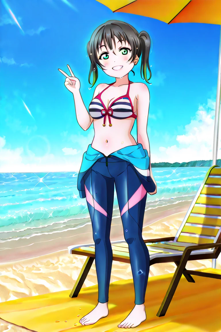Beach background, sunny weather, sea,aina yoshiwara,glossy skin, oily skin, short hair, tilt eyebrows, smiling, leaning forward, looking_at_viewer, small ,bikini, masterpiece, ultra-detailed, anime illustration, highres, solo,perfect anatomy, perfect proportions, perfect hands,