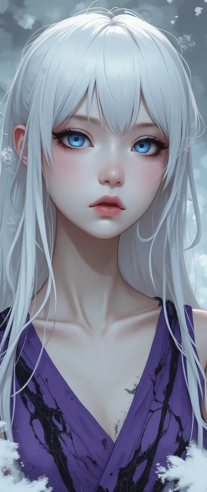 1girl, smiling, fair skin, perfectly straight white hairs, sky blue eyes, sleeveless violet V-neck T-shirt with black and purple texture, shiny black lips, black eyeshadows,