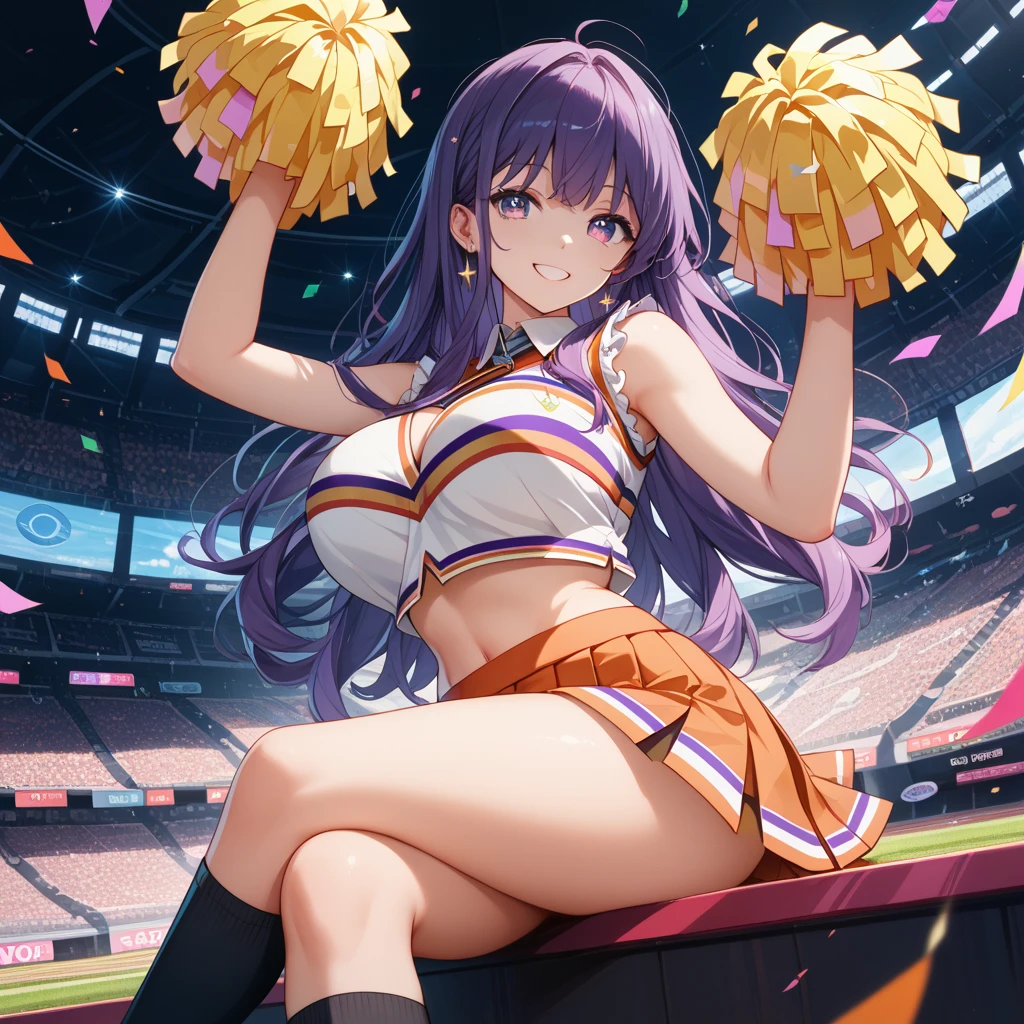1girl,solo,mature female,medium breasts,yellow cheerleader outfit,purple hair,long hair,horse ears,horse tail,purple eyes,bare belly,angry face,smile,standing in a school stadium,holding yellow pompons,cowboy shot