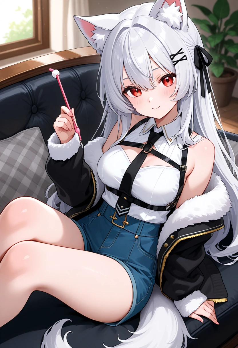 (NSFW:1.2), ultra detailed game CG, (High resolution:1.1),(absurderes:1.1), Best Quality, Ultra high definition, The highest resolution, Very detailed, Anime, 1girl in, From below, Cornelian cherry, Silver hair, Mini skirt, frilld, (:1.2), (Lying down:1.1), legs up, Spread legs, cleavage of the breast, Bar counter