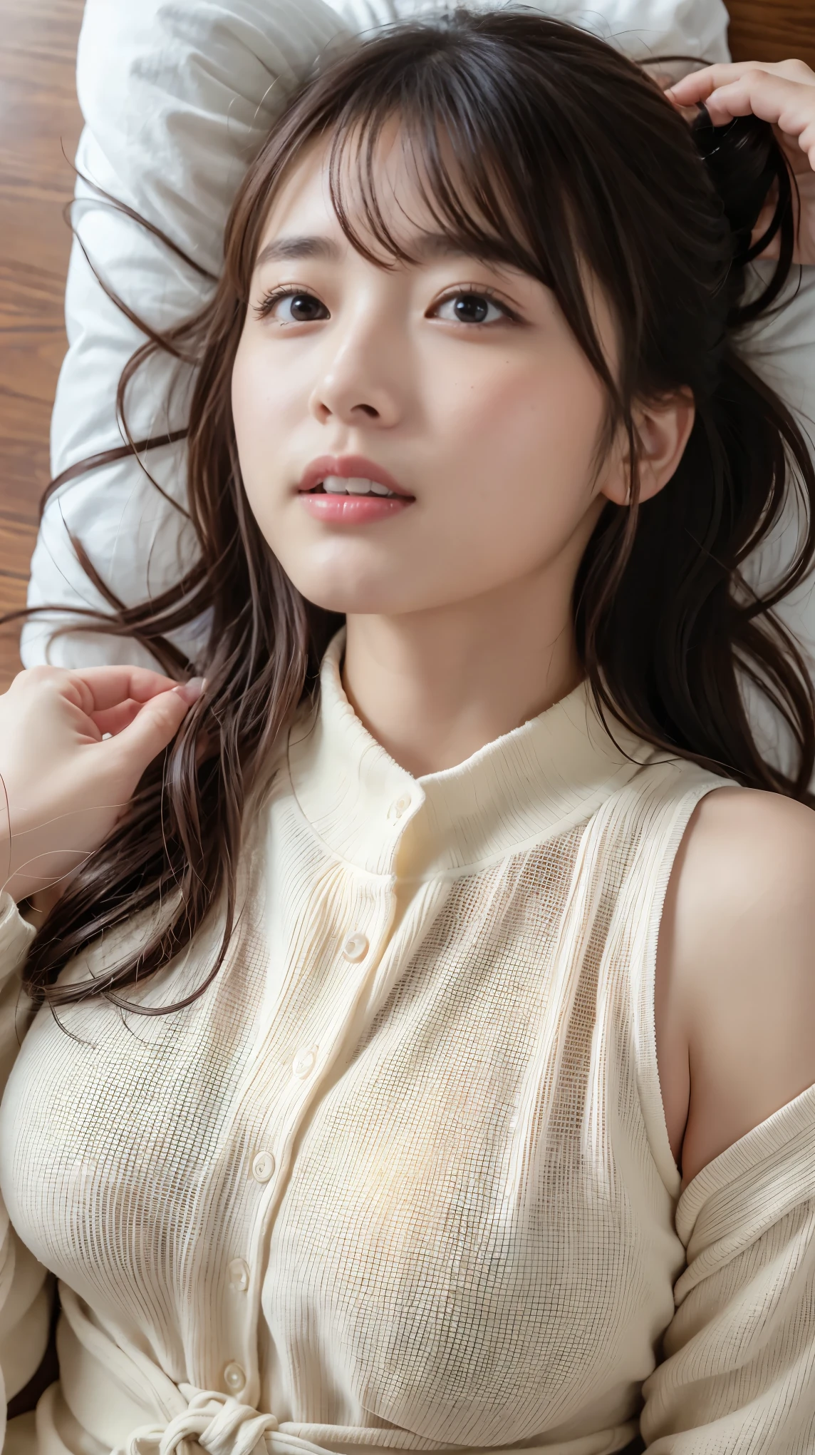 table top , Best Quality, shape, 非常に detailsな, details, high image quality , 8k Wallpaper, perfect dynamic composition, 美しいdetails , natural lips, Long sleeve black knit dress, small breasts, ランダムにcuteポーズ, RAW Photo, The ,cute, face,,(( Random Poses 、put in、Deep joy, Drunk Eyes:1.2)), (( I take my breath hard:1.2))、 ecstatic face、 climax expression、 my whole body is shaking 、 Official Art,非常に detailsな CG Unity 8k Wallpaper, (masterpiece:1.0),( Best Quality:1.0), photo shoot, 8k, play, high image quality , Kodak Portrait 400 , film grain, Lens Flare Glow , very low camera angle , watch viewers , ((lying on your back, angle looking down 上記)),((looking up at the audience))