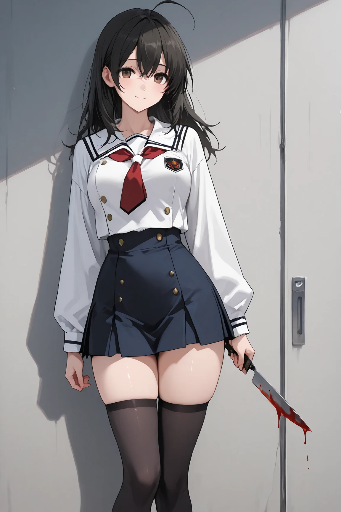 One Woman、beautiful girl、high school girl、Entrance、Blazer Uniform、ponytail、Black knee socks、Long Hair、A lot of blood around、Bloody body、Bloody Hallway、There's blood on the clothes、Holding a Japanese sword、There is blood on the Japanese sword、Two-Way、Smirking at last、Dead Eyes、Rape Eyes, Highest quality, Short pleated skirt、Thick thighs、Big 、Big Ass、Black Hair、Sweaty knee socks、Light pink panties
