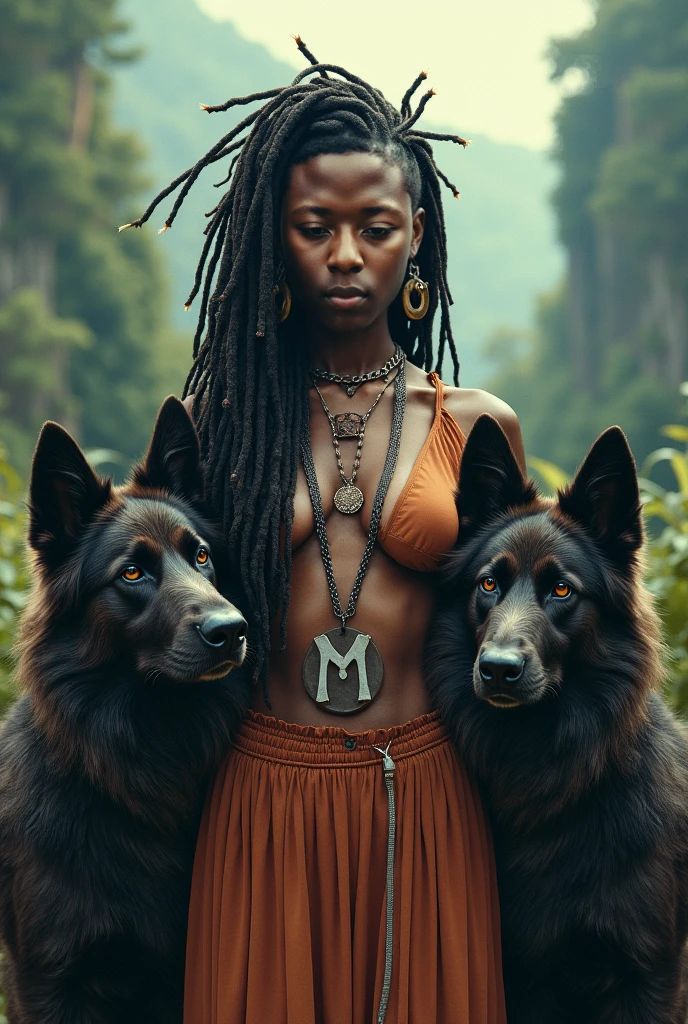 Only one
Only one 
Only one 2 girl with really dark skin 
Really dark skin 
Green eyes 
Apache 
Long hair with African braids 
Using a gray wolf's head as a hood 
Bare breasts, only covered by necklaces 