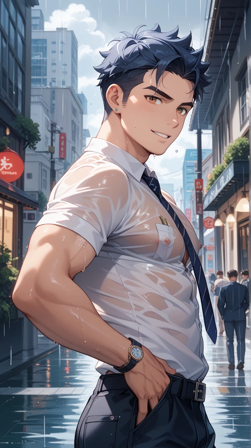 A handsome man runs through the city at night wearing only boxer shorts and with a blushing face