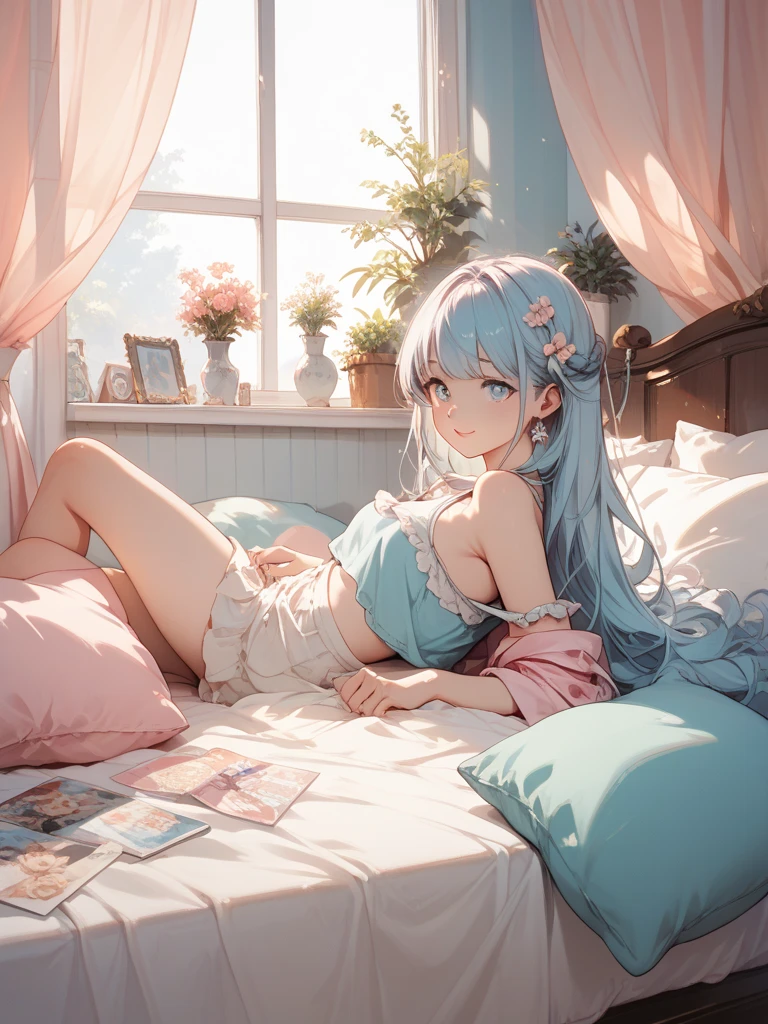 ((8k, Highest quality, masterpiece: 1.3)),Ultra-high resolution,(1 girl, alone), (Color changing eyes, Ultra-detailed, Expressive brilliance, Glitter, Glowing Eyes), Highly detailed eyes, Highly detailed face, Random Hair, ((pastel colour)),A playful young woman with pastel mint-green hair styled into a messy bun, sitting on the edge of her bed in her sunlit bedroom during a bright morning. She is wearing a light purple bikini with delicate lace details. The camera captures her from a low angle as she leans back slightly, her legs spread apart in a confident pose, while she rests one hand on the bed and the other playfully tousles her hair. As she changes position, she lies down on her stomach, propping herself up on her elbows while looking over her shoulder with a mischievous smile. The room is filled with natural sunlight, with vibrant plants in the background, creating a fresh and lively atmosphere.