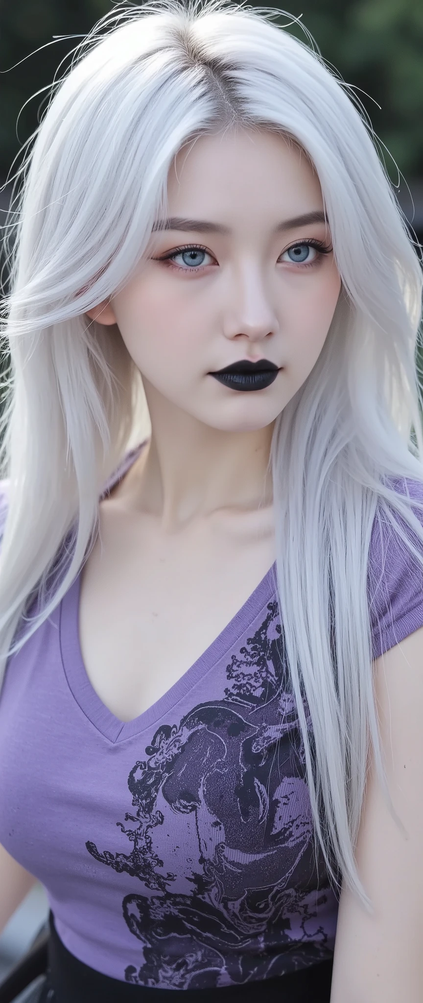 1girl, smiling, fair skin, perfectly straight white hairs, sky blue eyes, sleeveless violet V-neck T-shirt with black and purple texture, shiny black lips, black eyeshadows,