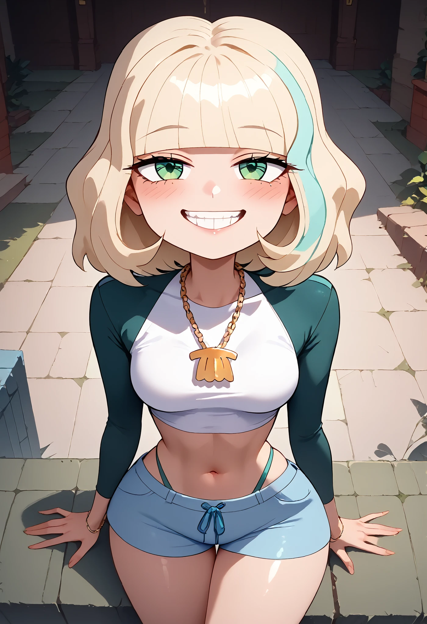 (((Best Quality, 8K, Masterpiece: 1.3)), Full Body, Focus Clear: 1.2, Outstanding Beauty: 1.4, Slender Abs: 1.2)), ((dynamic angle)), (((wide view))), wide-angle lens, extremely detailed, CG, 8k Amazing, finely detail)), (intricate details, depth of field), 8k UHD, ((amazing quality,very aesthetic,absurdres,best quality,newest, masterpiece, ultra detailed, best quality, beautiful face, perfect anatomy, anatomically correct, athletic sexy body)), Expressiveh, (cute face, cute body))), ((((((jackiel, blonde hair, 1girl, green eyes, solo, multicolored hair, short hair, shirt, shell necklace, bangs, long sleeves, blue shorts, tight shorts, highleg thong, smile, socks,sneakers))))),((medium breasts, slim sexy body, curvy hips, seductive pose, flirting, naughty face, blush)))), (((looking at viewer, happy smile, joy, cowboy shot, dynamic pose)))), curvy, toned, athletic, ((sideview:1.3, wide hips, upper shot body, crossed legs:1.2, looking at viewer)), ((((seductive pose, sexy pose, cowboy pose, hourglass figure)))), ((precise face and eyes:1)),, break, look upwards