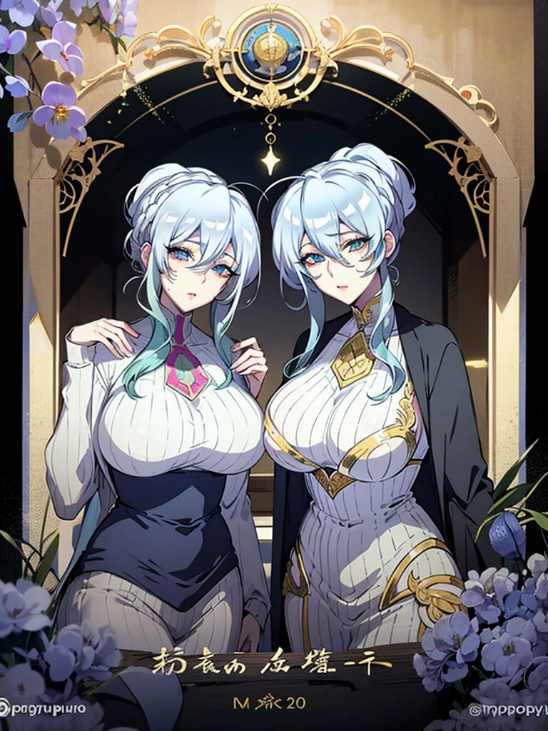 anime artstyle,((((one old mother and one age daughter with different hair colors)))),((absurdly long Straight hair,Red Eyes)),(((beautiful embroidery and jeweled gorgeous rococo ballgown with voluminous full length crinoline hoop skirt))),(((absurdly gigantic tits,curvy))),deep cleavage,Skindentation,((detailed face and eyes)),extremely gorgeous hair ornament,((extremely gorgeous big tiara)),luxurious jewelry,((beautiful embroidery and jeweled gorgeous rococo ballgown with voluminous full length crinoline hoop skirt)),(((absurdly gigantic tits))),gorgeous palace,((standing pose)),couple focus,((((Arrogant smile))))