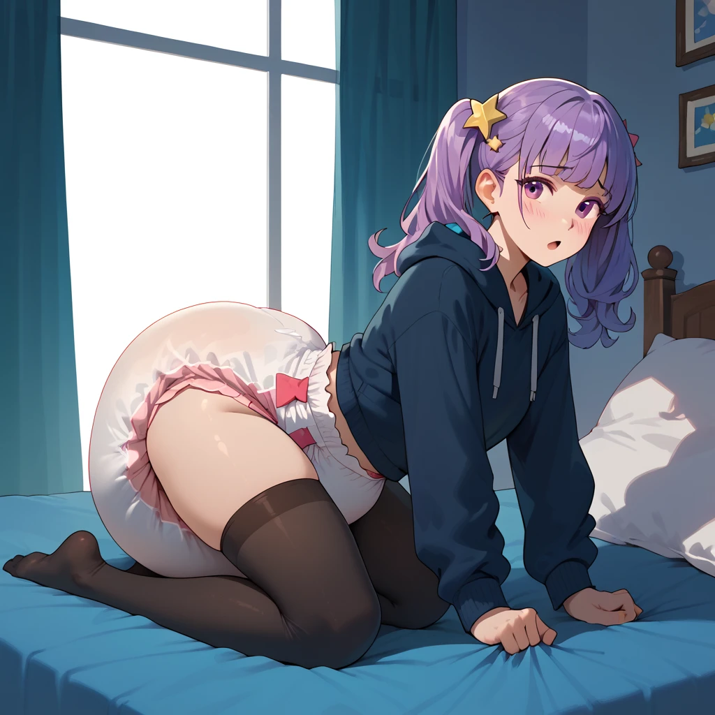 A girl with blue eyes and short white hair with big tits and huge ass laying in the bed with her legs open wearing a ripped panties with her pussy dripping cum crying with used condoms around her and being fucked by a black penis