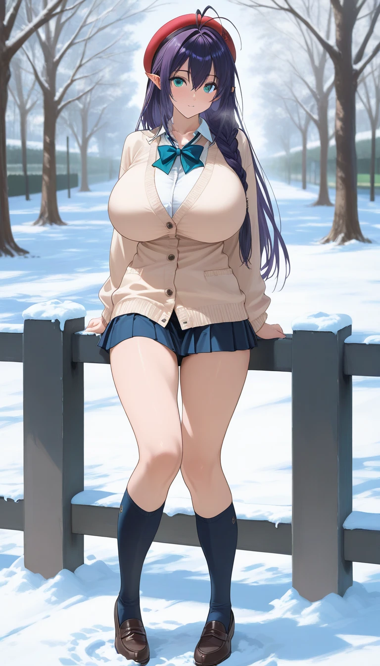 (masterpiece:1.1, Best Quality:1.1, 16K HDR, High resolution), (1girl in, Solo), (Super realistic portrait of Miyuki Nanase, The Kindaichi case file), (Red ribbon around the neck, School Blazer, High School Uniform, Mini skirt, white socks, no shoes), ultra gigantic tits, ultra huge cleavage, ultra gigantic tits, Super huge boobs, (in bungalow, in cottage, bed, snow mountains), (Perfect slim body), hyper derailed face, Detailed eyes, Realistic skin texture, ((squatting up skirt pose, Open legs)), (flashing tits and nipples),