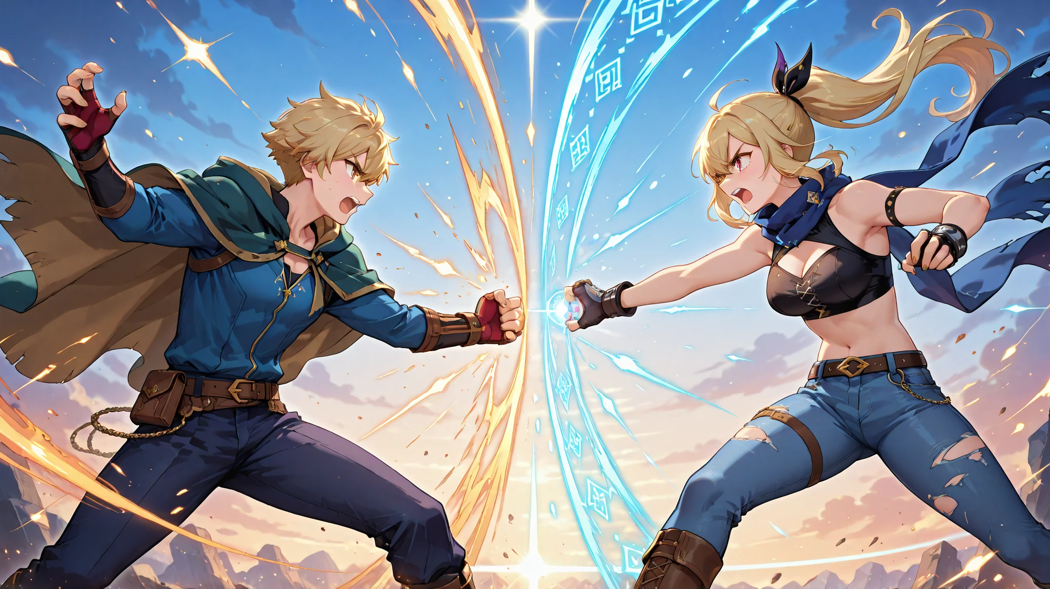 a dramatic battle scene between two anthropomorphic cat warriors, one casting elemental spells with fire and water, wearing a mage's cloak with runes, and the other a wild-haired fighter in leather and denim, slashing through magic with claws and energy, epic confrontation, sparks flying, magic colliding, fantasy setting, cinematic lighting, dynamic composition --v 5 --ar 16:9