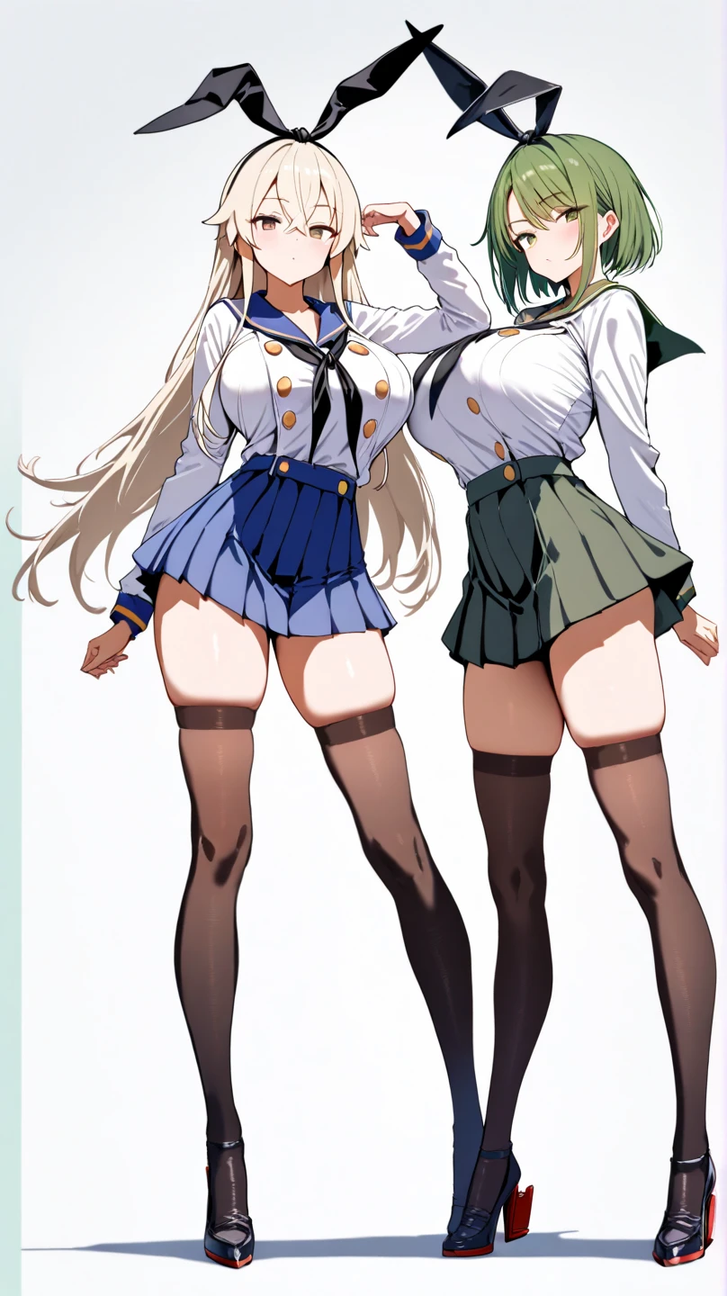 an anime style picture of the two fraternal twin sisters in the short skirts and white thigh high socks and high heels, 2girls, twins, hazel eyes, brown curly hair, blonde curly hair, ((1 blonde girl, 1 brown haired girl)), duo, gray blazer, gray skirt, black high heels, uniform, highly detailed face, perfect feet, portrait, full body, matching outfits, matching hairstyles