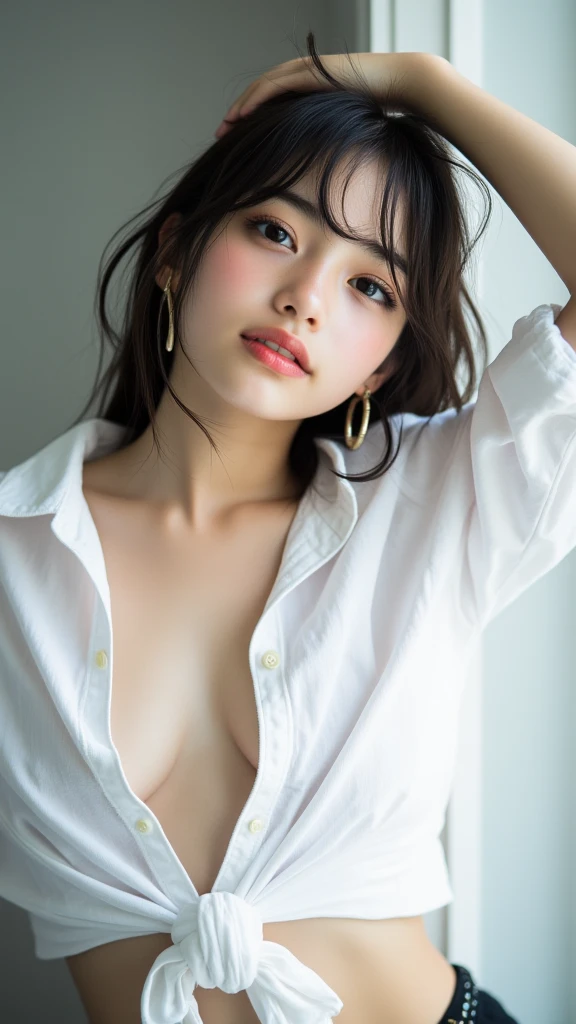 masterpiece、top-quality、realisitic、(A hyper-realistic), (illustratio), (hight resolution), (8K), (ighly detailed), (The best illustrations), (beatiful detailed eyes), (top-quality), (ultra-detailliert), (masterpiece), (wall-paper), (详细的脸), a bed、Upper body close-up,Armpit, Angel Lip,Plump,独奏,(Wearing a plummeted open shirt of white silk:1.5), full of sweat, japanes, large full breasts, (camel's toe)、huge-breasted、Luxury living room、Detailed white teeth、ultimate beauty girl、No bra、(Thick necklace of gold)、perfect teeth、Brown hair、Light makeup、Navel、Seductive look、Room with night view of the building、