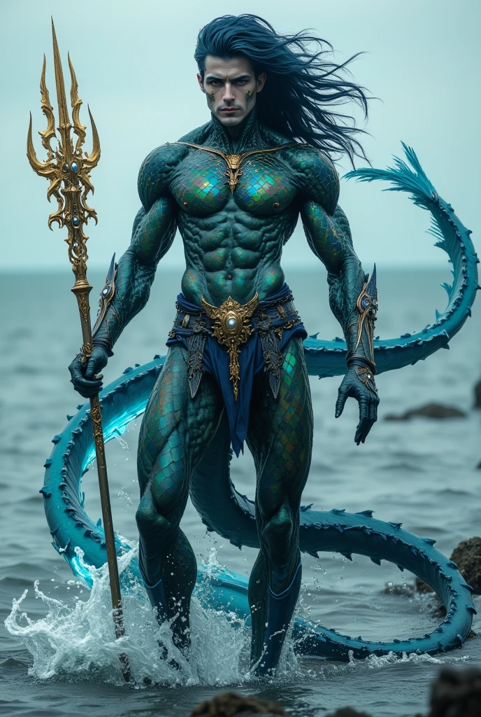 Ultra-detailed close-up portrait of Lac Long Quan, mythical Vietnamese dragon king, from waist up. Incredibly handsome face with chiseled features, intense piercing eyes glowing with supernatural power. Long, flowing dark hair with iridescent scales interwoven. Majestic dragon horns protruding from his forehead, curved and gleaming.
Muscular torso rippling with superhuman strength, skin with a subtle scale-like texture. Wearing an intricate golden collar adorned with precious gems that glow with inner light. In his hand, he wields an otherworldly, ancient weapon - perhaps a trident or a sword - emanating mystical energy.
Lac Long Quan stands tall and imposing, a colossal figure of godlike presence and supreme authority. His posture exudes power and confidence, dominating the frame.
Behind him, a tempestuous seascape with enormous waves crashing violently. The sky is dark and ominous, filled with swirling storm clouds and flashes of lightning. The entire scene conveys a sense of epic scale and divine might.
Render in hyper-realistic digital art style with dramatic lighting to enhance the intense atmosphere and highlight Lac Long Quan's godlike appearance. Emphasize the contrast between his calm, powerful demeanor and the chaos of the elements surrounding him.