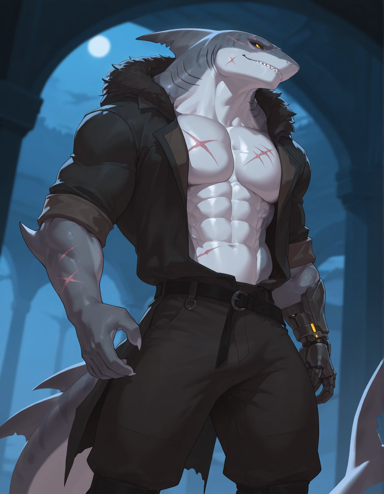 masterpiece, best quality, amazing quality, very aesthetic, absurdres, newest, scenery, extreme detail, 8k, dnd character, anthro shark, detailed eyes, yellow eyes, by Riolutiny, anthro, furry, shark, male, scalie, anthro shark, anthro megalodon, hunk, gray body, strong hands and fins, black back, solo, bara, detailed skin, scars, lizard shark hybrid, shark tail, hunter, strong, scalie torso, detailed muscles, detailed muscular arms, mechanical prosthesis of the left arm up to the forearm, wearing open black shirt, rolled up sleeves, wearing dark coat, digitigrade legs, thick legs, proporcional body, furry body, fluffy fur, wide chest, buffed muscular torso, abs, trapezoid body type, marked jaws, thick shark tail, masculine, thick scales on arms and legs, muscular legs, proporcional body, wide chest, trapezoid body type, wearing pants, marked jaw, scars, pensive, upper body focus, fantasy room background, dynamic view