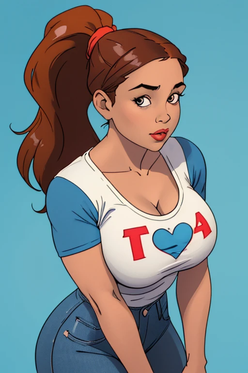 (Best Quality, Masterpiece:1. 2), Very detailed, HDR, 20 years (under the chest, shirt, BLUE THONG), under the chest, looking at the viewer, (Beautiful detailed eyes, beautiful detailed lips, extremely detailed eyes and face, long eyelashes), (well proportioned, rounded, Hourglass) body, (beautiful detailed breasts, well proportioned breasts, firm breasts), (well proportioned, toned) legs, very sexy, night city in the background (feisty smile, tortuous)