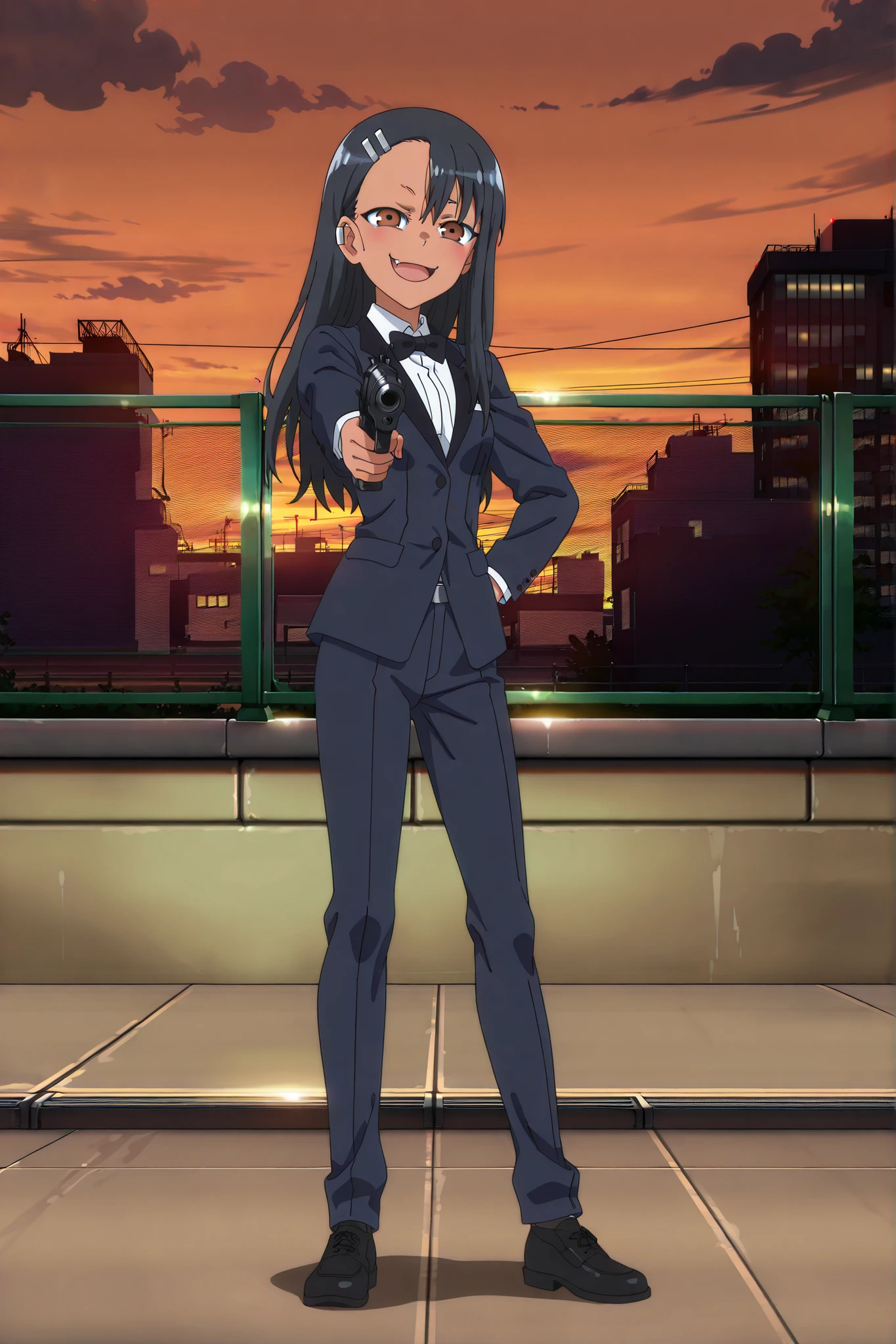 source_anime, score_9, score_8_up, score_7_up, anime screencap, absurdres, High Quality,
(nagatoro hayase, brown eyes, dark-skinned Women, tan, black hair, Hair clip, ear clip, hair ornament, cabello largo, black tuxedo),, anime coloring, a full body girl, Alone , looking at the viewer, full body hugging, Women, open mouth 1.2, fang, grim expression, smug smile, rooftop, dark city, cyberpunk, Red-haired brunette holding a gun , Magnum pistol, smog, night, clouds, officer, broken officer in half,small breast, Pointing the gun, pointing at the spectator, officer roja brillante,