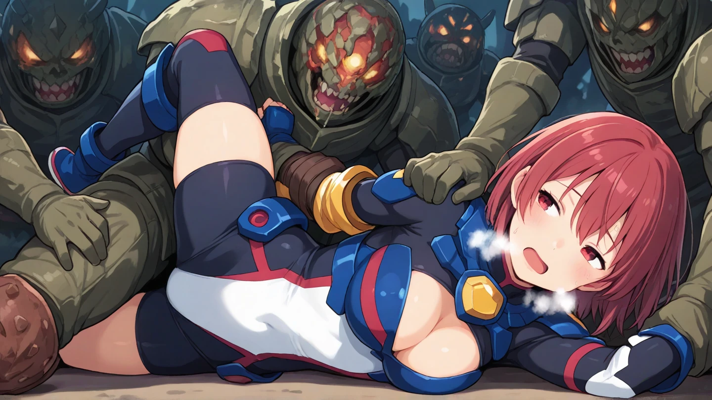 score_9, score_8_up, score_7_up, source_anime, sakimiya iruka, red hair, green eyes, one side up, medium hair, green scrunchie, hair ornament, shiny skin, rating_explicit, (large breasts:1.3), large ass, playboy bunny, black pantyhose, fucked silly,(tears:1.2),(sweat), steam on body, (trembling:1.5), bouncing breasts,(motion lines:1.4), (motion blur:1.5), pussy juice, Squirting, (bent over, hanging legs:1.3), Cheek bulge, stomach bulge, size difference,(troll, big man, man standing), gangbang, 2men,(vaginal penis, sex from behind, standing position, deep penetration, fellatio, deepthroat), (huge penis:1.4), (huge testicles:1.2), (cum in pussy:1.3),(excessive cum, cum overflow:1.2) ,(cum in mouth, facial, cum on hair), cum string, head grab, (torso grab:1.2), prison cell, (ass focus, back view, pov:1.2), cowboy shot