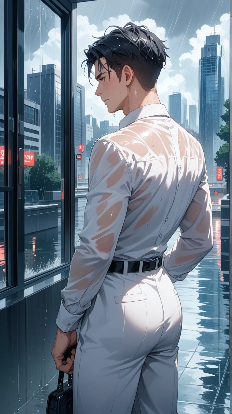 20-year-old boy ,Korean handsome young sexy nude sweaty male officer ,(((sweaty))), Thin mustache...,handsome ,(((Wear white transparent uniform shirt))),beige dark blue tight trousers, ,((((unrealistic super big tight butt wearing white transparent pants))))............................. Black boots and dark navy gloves.,sit on the ground , His legs spread apart sitting on the ground................................, Police Logo ,tight breasts ,Muscle Man , ((The arm muscles are very large...................)) ,large , Wide shoulders ,open legs, head turn slightly to looking back to the camera, rear shot.......................................... high angle looking down...............,Sexually suggestive, (Dynamic Poses:1.1) , thights , (Embossed Focus:1.2),On your knees........................., empty toilet cubicle at night, Best qualtiy , Wide lens from far ,deep depth of field ,Bokeh background