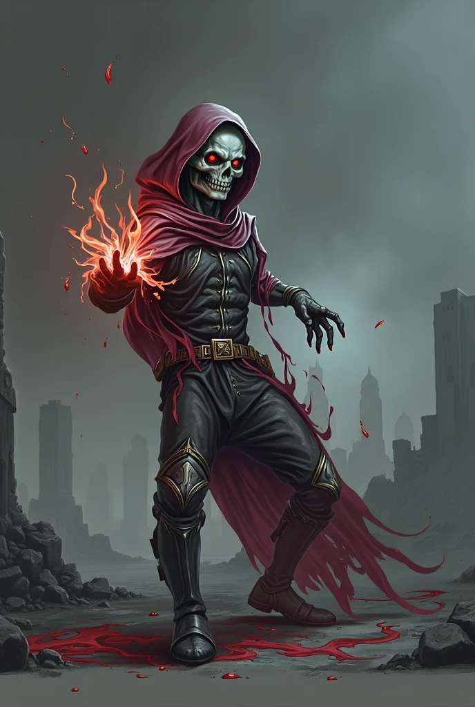 A man villain, intricate details, strong body, skull head, red eyes, wearing hood, colors, realistic, burning background, FHD, 3:2 --auto --s2