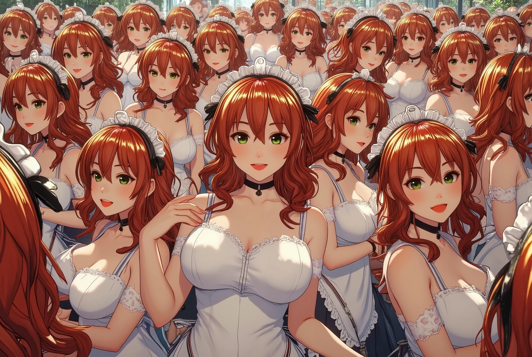 (((Myself=Japanese Beautiful Super Clones multiply girls))), (((((Myselfは幾多の大量増殖を繰り返し超密集超密着の超大大大群衆となる, Myself onlyのSuper Clones multiply girls同士で熱愛や溺愛してラブ抱擁した描写, Myself OnlyのSuper Clones multiply girlsはMyself OnlyのSuper Clones multiply girlsの体や胸を淫らに触り合いキスする))))), (((high quality Animation Art, Super Best masterpiece, 16K, 最高画質, 超高解像度, 超最高の作品完成度))), (((朱色の美しく艶やかな髪, 超とてもカワイイ笑顔, 嬉しい表情))), (((((とても体型が美しく繊細で正確な女体の動き, 手や足の緻密な動きがとても正確, 超巨乳, 胸の谷間強調))))), (((((Super Clones multiply girlsの超巨乳をSuper Clones multiply girlsの手で揉む))))), (((初夏のカジュアル衣装))), ((とても詳細で正確な1点透視図法描写, 超広角視界, Wide view, 多彩なアングルからClones multiply girlsを見る描写, ど真中被写体要らない)),