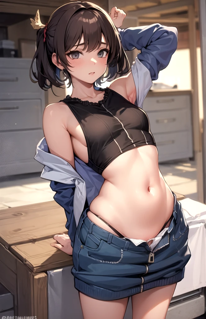 (masterpiece), best quality, expressive eyes, perfect face, low angle, mona, genshin impact, contrapposto, v, crop top, denim shorts, hand focus, hand close to viewer,