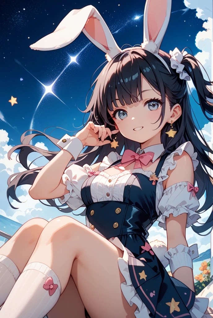 highest quality,wonderful,finely,extremely detailed CG Unity 8K wallpaper, (girls, cute eyes, (magical girl outfit,frill mini skirt:1.1), Black Hair, Blue Eyes, Twin tail clothed), (sparkling eyes:1.2), (skinny body:1.2), (huge breasts:1.1), (cleavage), (crop top navel), (open mouth:1.1), (long tongue:1.1), (mouth drool:1.1), (black stockings:1.1),(Thighs:1.2),(Waistline:1.1)