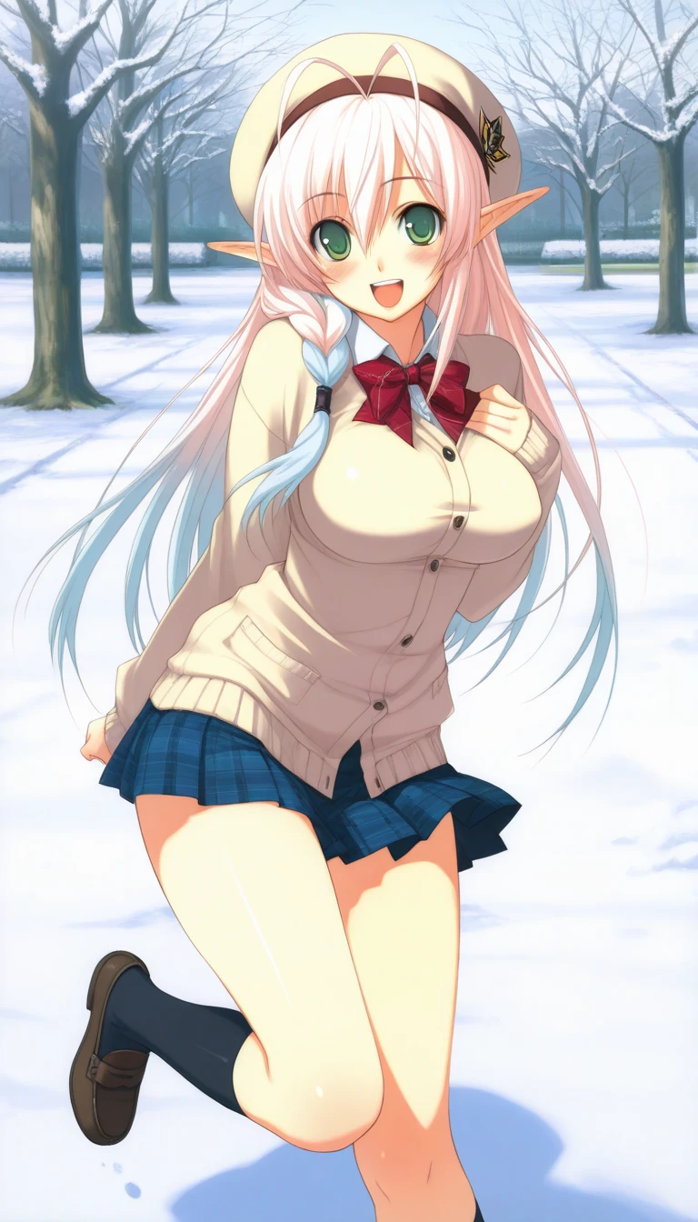 , asahinamomoko, Light brown hair, Hair Ribbon, White ribbon, One side up, Hair between the eyes, Very long hair, Pink Eyes. , empty eyes , large breasts, nipple, Running, , Heavy snowfall area frozen wet crying mountain Alone, Smile Naked, solo, 1girl,