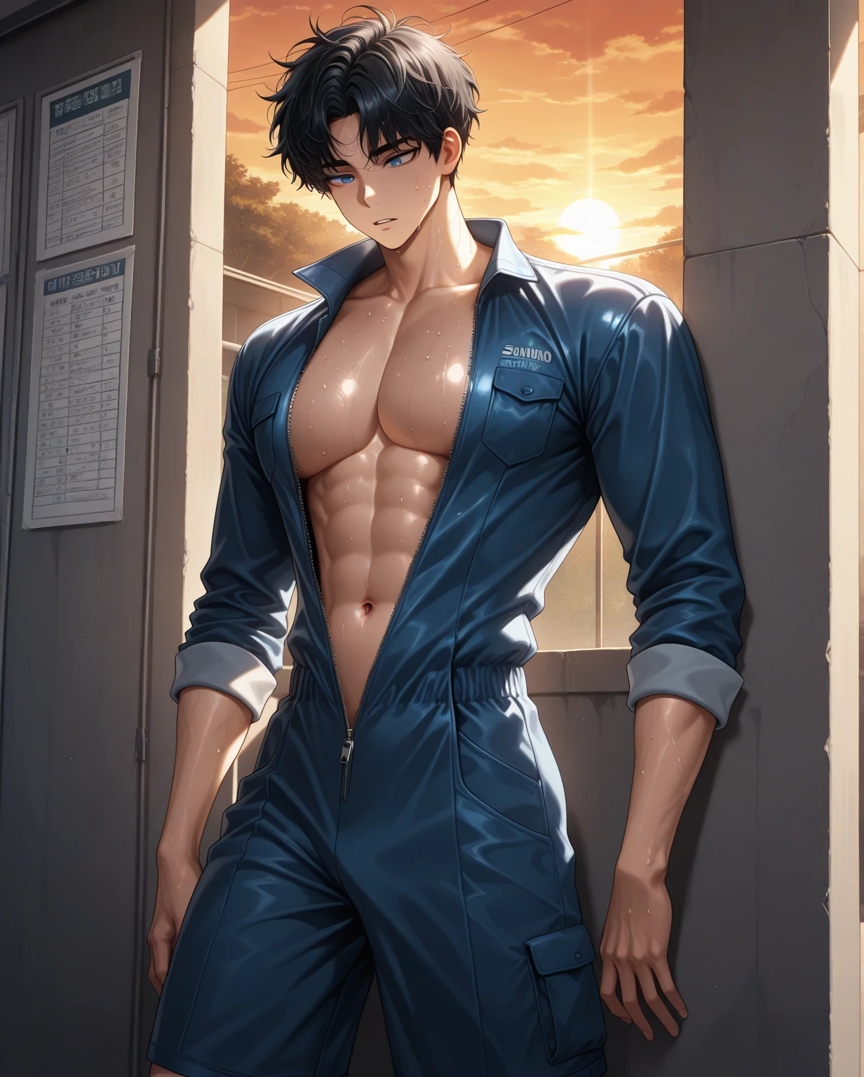 Handsome korean man. 24 years old, prisoner, perfect male body, look at the camera, (Orange prison uniform)portrait,dramatic shadow,Ray tracing, Best quality, Cinematic lighting, Extremely detailed CG, 8K wallpaper,Complicated.showing his chest and abs muscle