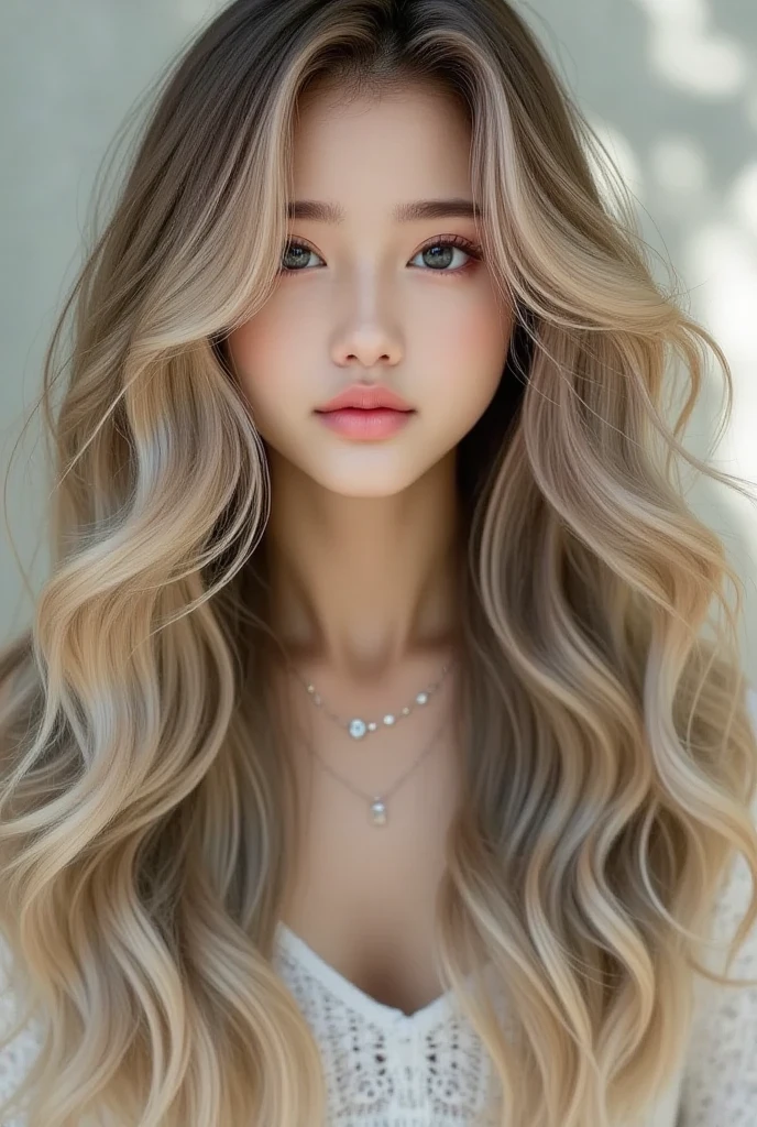um close up de uma mulher com longos cabelos loiros usando um colar, Jinyoung Canela, Parque Roseanne do Blackpink, Lalisa Manobal, longos cabelos brancos e franja, Ulzzang, Sakimichan, maquiagem sul-coreana popular, retrato de Kim Petras, Heonhwa Choe, franja branca, Retrato de Jossi do Blackpink, maquiagem coreana popular