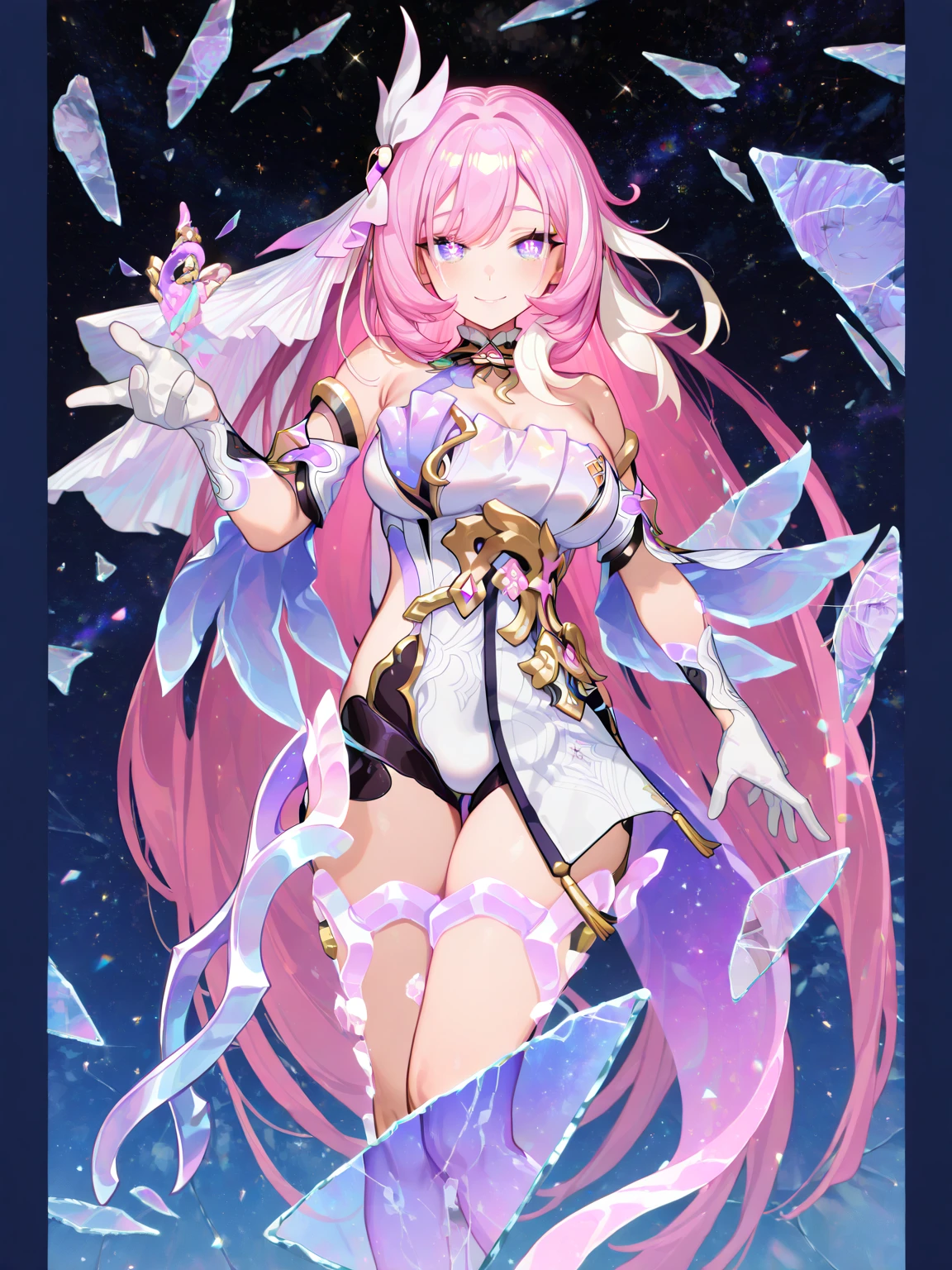 a beautiful adult woman, dressed like a galaxy goddess, she has the constellation ability like colorful crystal. she wears pink and purple crystal earrings, Manhwa style.