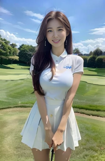 ((Highest quality, 8k, masterpiece :1.3)),((Female professional golfer)),(Dazzling Smile:1.3),Golf course,Blue Golf Wear,Blue Skirt,blue sky,nice shot,Big Breasts:1.3,Saggy breasts,double eyelid,(masterpiece: 1.3), (Maximum resolution: 1.4), (Ultra-high resolution: 1.2), Cinematic Light, Detailed eyes and skin, 8k resolution, Perfect Style, Beautiful expression,Highly detailed face,Pure white skin:1.4,Glossy Lips:1.2,Straight Long Hairstyles,Full Body Shot,tall