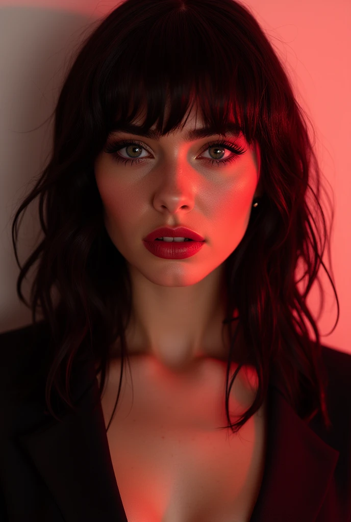a girl with red eyes, red-black hair, a black dress, park, illustrations, high quality, detailed eyes and face, vivid colors, realistic lighting, concept art, soft color tones