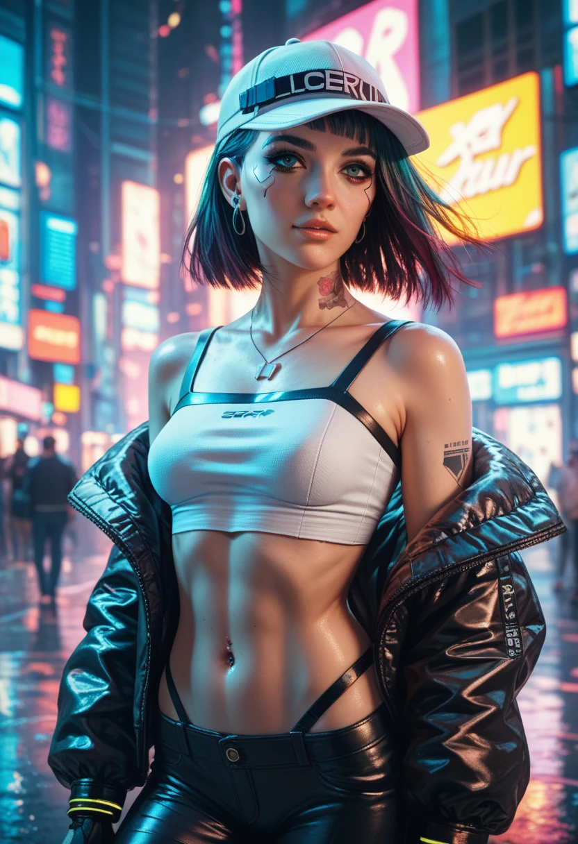 cyberpunk, night, dark, neon lights. city, dystopian future, sci-fi, (8k), (best quality), (masterpiece:1.2), (realistic), (photorealistic:1.0), ultra-detailed, 1girl, ebony, black, sitting, topless, small tits, 18 yo, teen tanktop, laether jacket, garters, denim shorts, legs, full body, cute, freckles, beautiful detailed eyes, beautiful detailed nose, garters, sexy legs, denim shorts, realistic skin texture, attractive face, short hair, afro hair