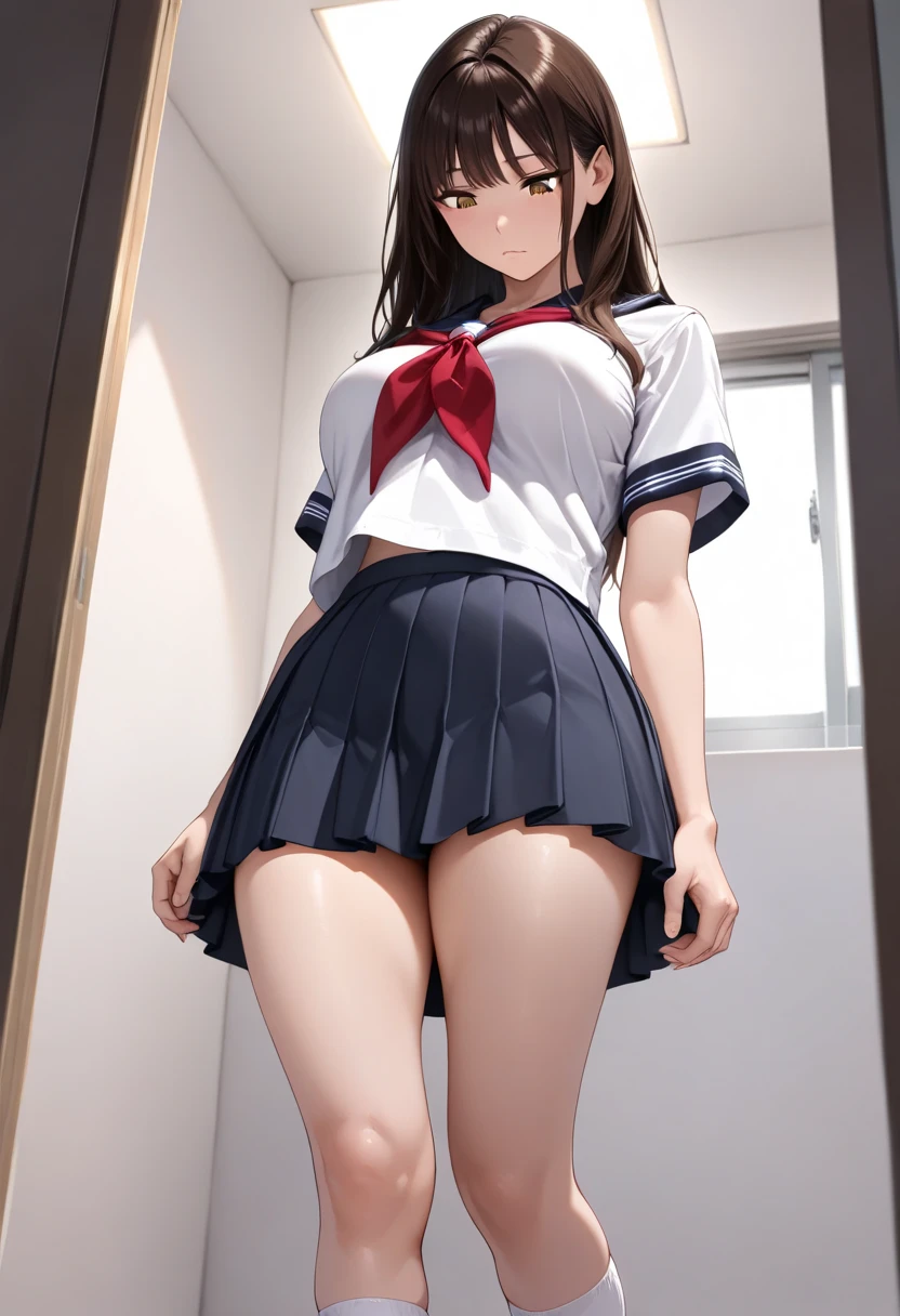 8K,best qualtiy、ultra-detailliert、masterpiece、realisitic、Photo Real、(16-year-old woman),(((Naked on top、Below is a high school skirt with a plaid pattern))),((((Grabbing the skirt with both hands、Show me the crotch of my white panties))))、((red blush、embarassed expression、watching at viewers))、(Half body shot)、(inside in room)、((Angle from directly below、Focus on the crotch、Background blur))、((A-cup breasts、Very skinny body、very thin thighs、very slender legs))、