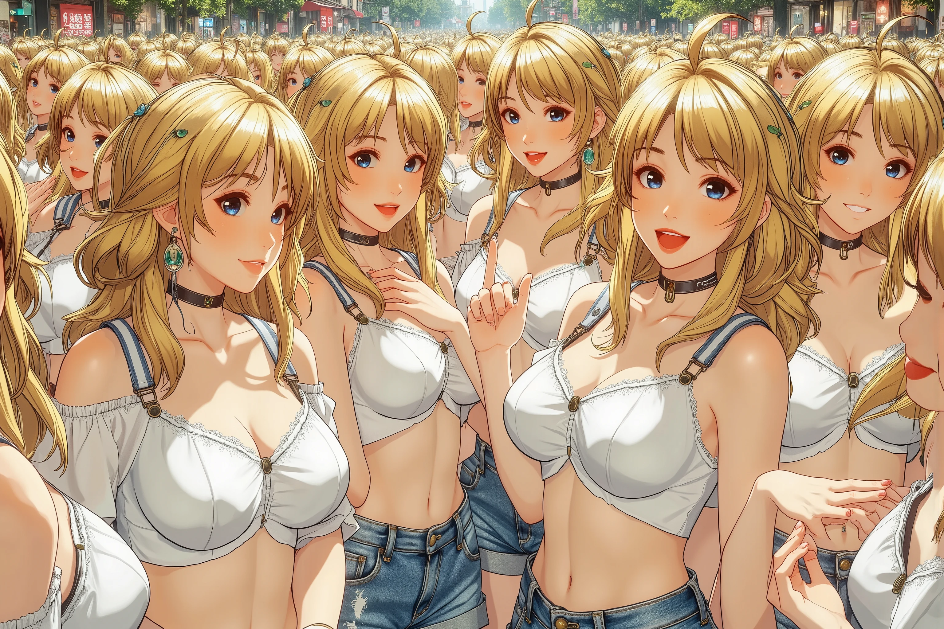(((Myself=Japanese Beautiful Super Clones multiply girls))), (((((増殖したMyselfは大量増殖を繰り返して前代未聞以上にぎゅうぎゅうした超密集の超大群衆となる, Myself onlyのSuper Clones multiply girls同士で熱愛や溺愛してラブ抱擁した描写, Myself OnlyのSuper Clones multiply girlsはMyself OnlyのSuper Clones multiply girlsの体や胸を淫らに触り合いキスしている))))), (((high quality Animation Art, Super Best masterpiece, 16K, 最高画質, 超高解像度, 超最高の作品完成度))), (((美しく艶やかな金髪, 超とてもカワイイ笑顔, 嬉しい表情))), (((((とても体型が美しく繊細で正確な女体の動き, 手や足の緻密な動きがとても正確, 超巨乳, 胸の谷間強調))))), (((((Super Clones multiply girlsの超巨乳をSuper Clones multiply girlsが手で揉み上げ))))), (((初夏のカジュアル衣装))), ((とても詳細で正確な１点透視図法描写, 超広角視界, Wide view, 様々な角度のアングルからClones multiply girlsを見る描写, ど真中被写体要らない)), 