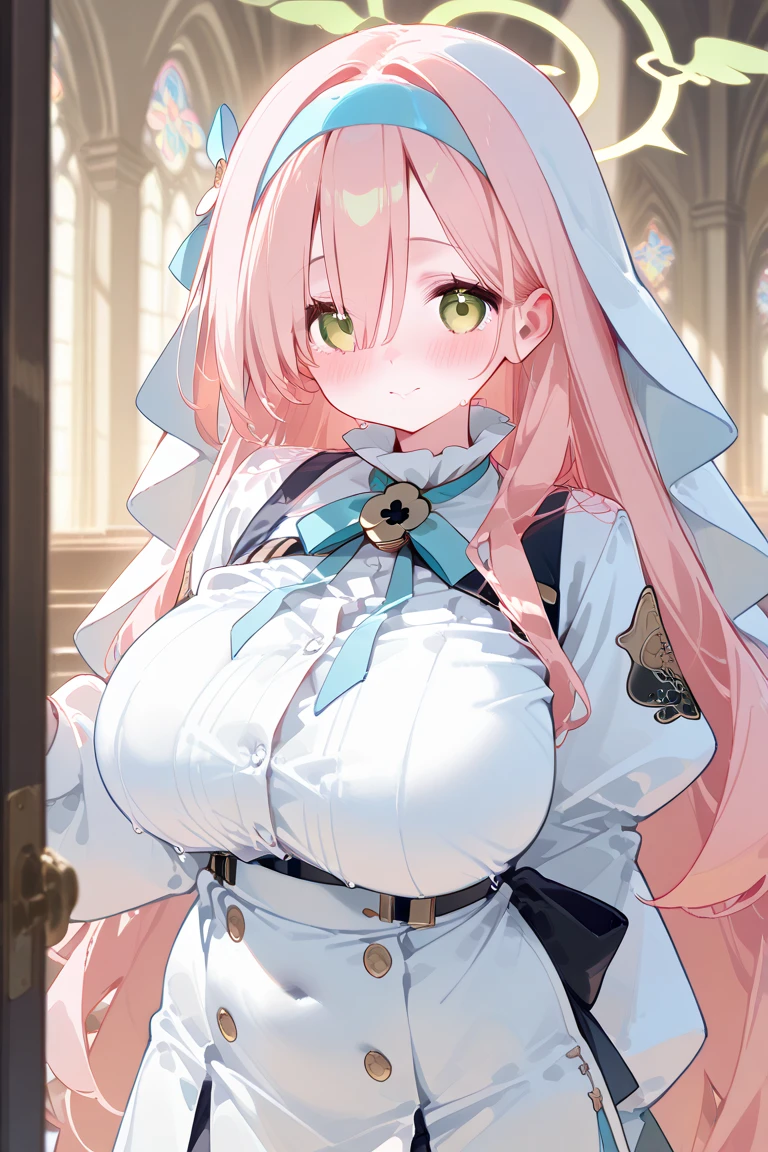 (blonde:1.2),(long hair with curls:1.25),(No bangs:1.25),(A crystal-like clear round gem in the middle of the forehead:1.3),(light pink and blue eyes:1.3),(clergyman:1.3),(White, light blue, blue, and navy blue monastic robes:1.3),(hat with a veil:1.25),(A long cane as tall as one&#39;s height:1.45),(Wand:1.35),(The tip of the cane has an oversized sphere attached to it.:1.35),(blush:1.2),(small breasts:1.65),(Get on your knees:1.6),(close up of face:1.2),(Front perspective:1.5),